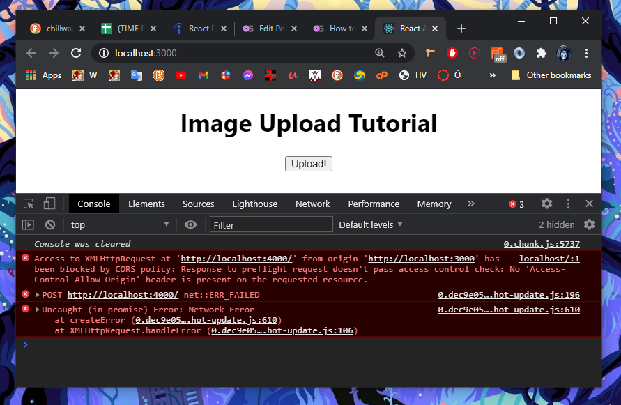Screenshot of React CORS error.