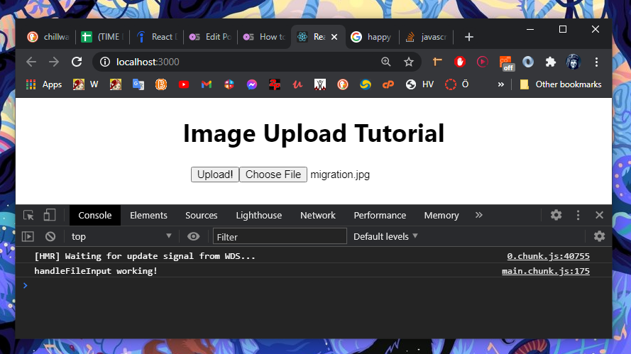 React app file input success screenshot.
