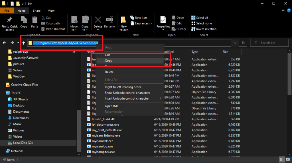 Screenshot of copying path from file explorer.