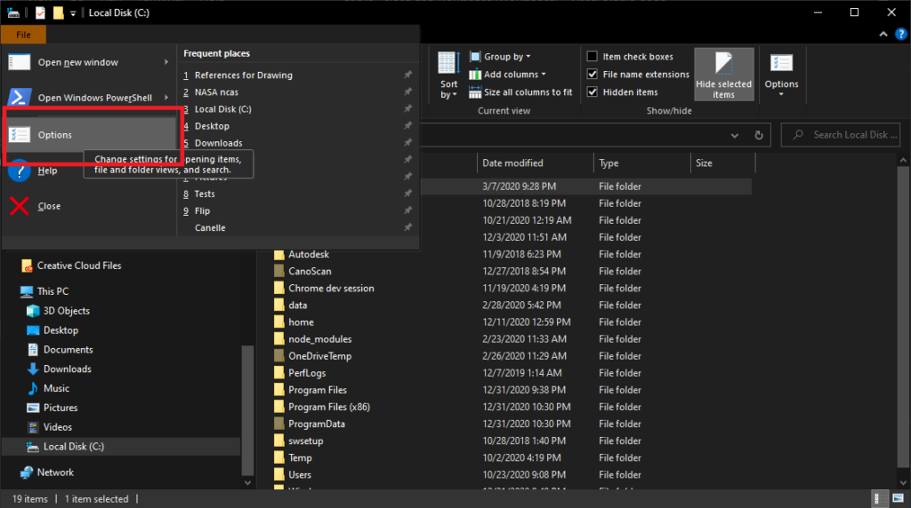 Screenshot of Windows file options hidden folders.