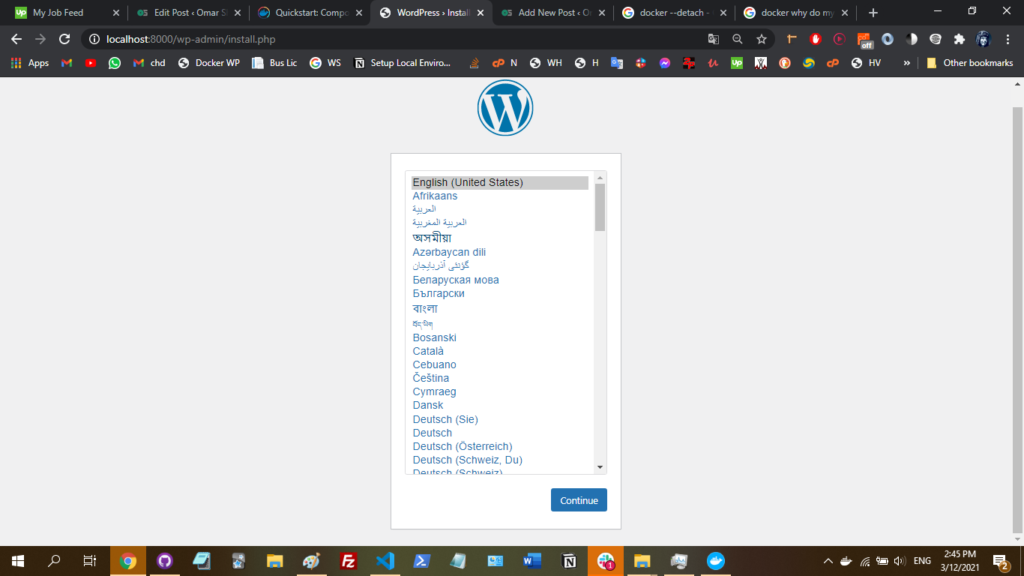 WordPress setup page.