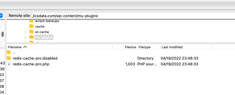 Filezilla FTP showing mu-plugins containing redis-cache-pro