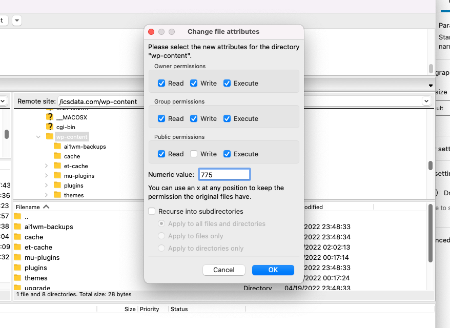 File permissions for wp-content filezilla