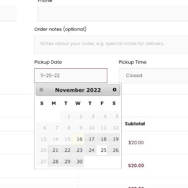 Moeller's Bakery checkout page screenshot of calendar
