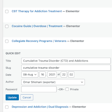 Screenshot of WordPress posts list