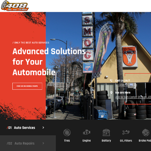 Screenshot of 408 Tires and Wheels homepage, featuring storefront with blue sky and palm tree.
